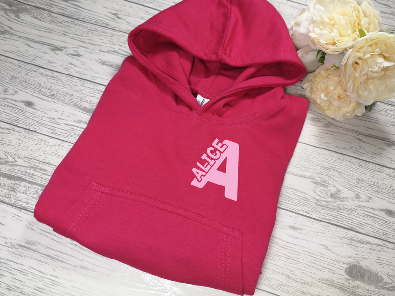 Personalised Kids HOT PINK hoodie with letter and name inside detail