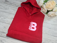 Personalised Kids RED hoodie with letter and name inside detail