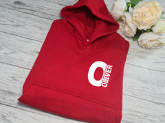 Personalised Kids RED hoodie with letter and name inside detail