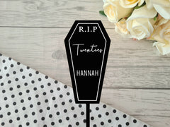 Personalised BLACK acrylic birthday R.I.P age Name coffin cake topper Any name Any age