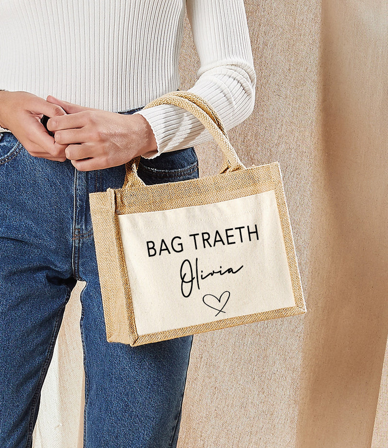 Personalised WELSH Jute bag with Name Amser gwyliau detail choose wording