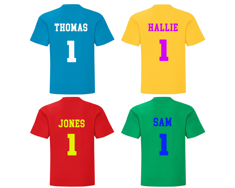 Personalised Kids Welsh Sports day teams colour t-shirt Name and number 1 on back