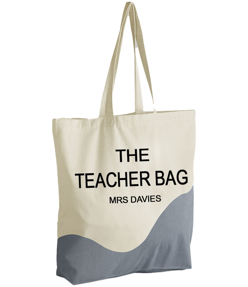 Personalised natural Grey wave Tote bag THE TEACHER / BEACH / WORK Name choice detail