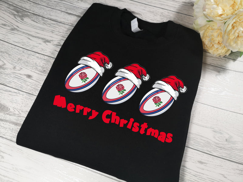 Custom Unisex BLACK Christmas jumper ENGLAND rubgy ball baubles Merry christmas detail
