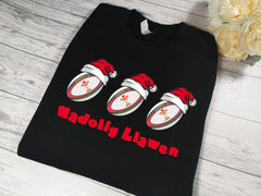 Custom Unisex BLACK Christmas jumper WELSH rubgy ball baubles Nadolig llawen detail