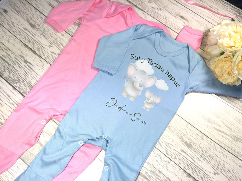 Personalised Baby blue or pink  Baby grow with elephant sul y tadau father's day names