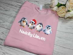 Custom KIDS welsh BABY PINK Christmas jumper cute PENGUINS with Nadolig Llawen detail