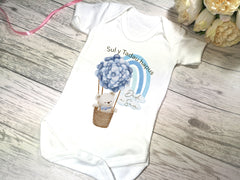 Personalised WELSH White Baby vest suit with sul y tadau hapus in blue or pink teddy hot air balloon