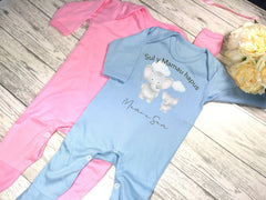 Personalised Baby blue or pink  Baby grow with elephant sul y mamau cyntaf mother's day