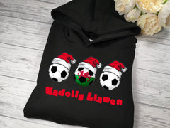 Custom BLACK hoodie with WELSH FOOTBALL christmas detail Nadolig llawen