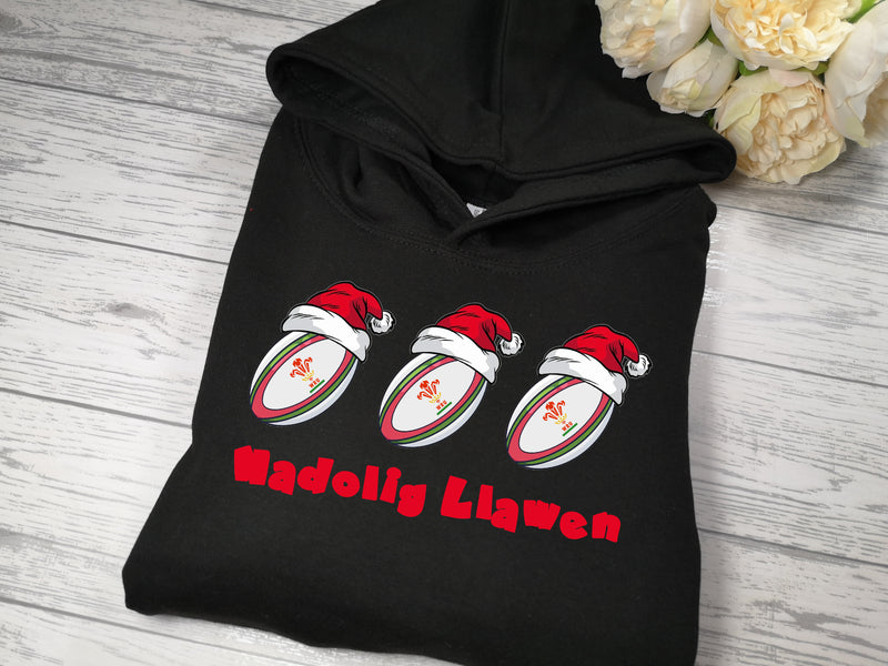 Custom BLACK hoodie with WELSH Rugby christmas detail Nadolig llawen