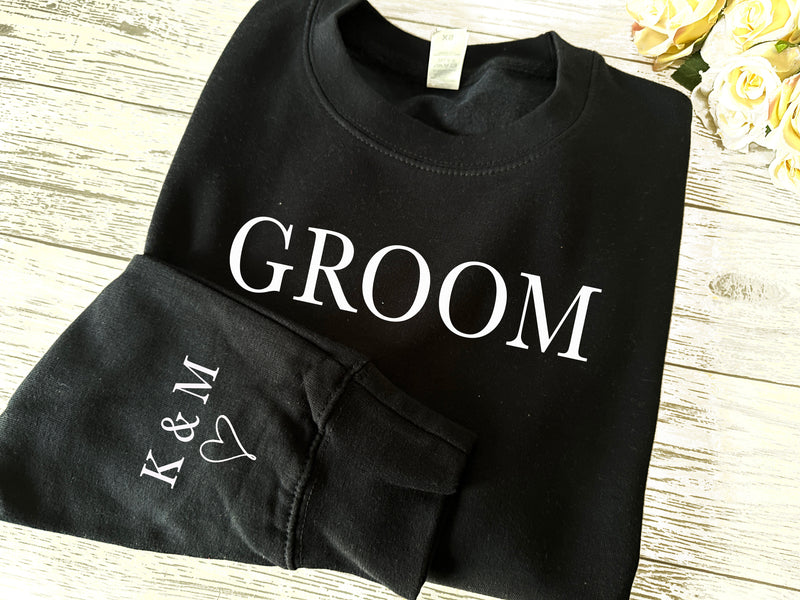 Personalised Unisex BLACK jumper GROOM with couples initials and heart on sleeve