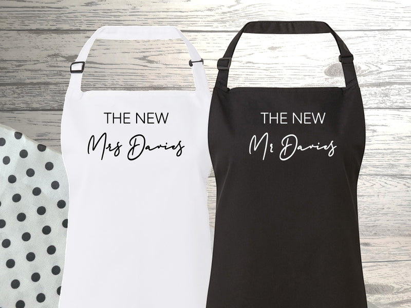 Personalised adult  Wedding day apron THE NEW mrs mrs in white, grey or black add any surname