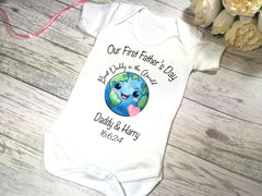 Personalised White Baby vest suit with our first father's day World detail add a name