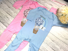 Personalised Baby blue or pink  Baby grow with teddy bear hot air balloon first birthday