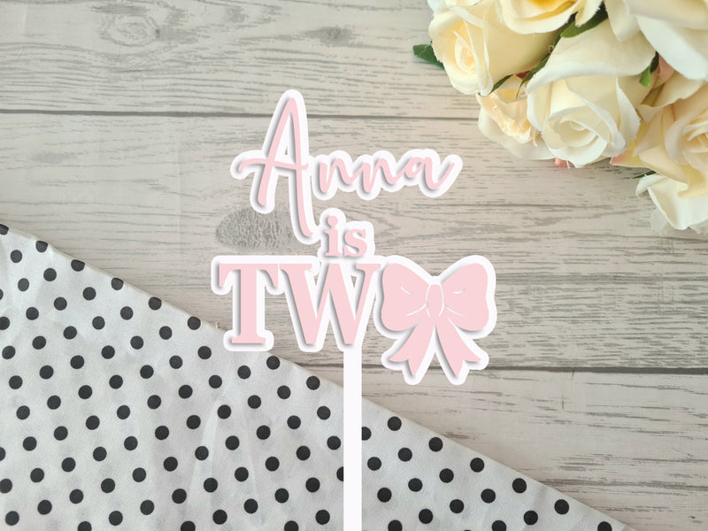 Personalised 2 layer acrylic Bow NAME is ONE TWO birthday cake topper