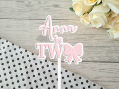 Personalised 2 layer acrylic Bow NAME is ONE TWO birthday cake topper