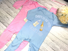 Personalised Baby blue or pink  Baby grow with baby bottle and beer first father's day