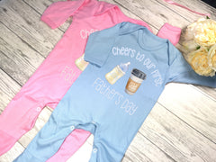Personalised Baby blue or pink  Baby grow with baby bottle and coffee first father's day