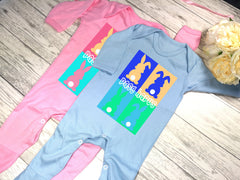 Personalised WELSH Baby pink or blue Baby grow with Pasg hapus easter bunny pop art