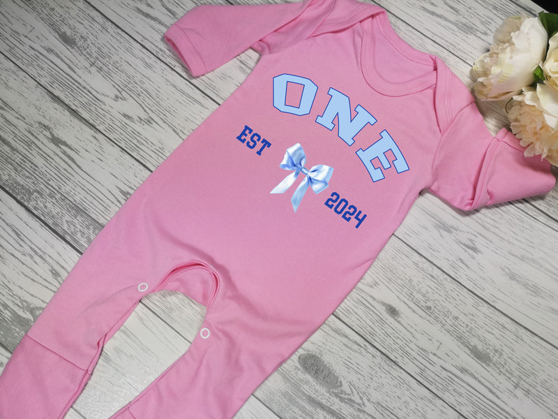 Personalised Baby pink Baby grow with age and bow first birthday