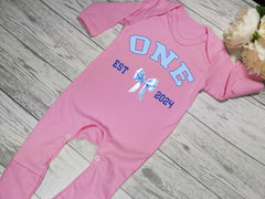 Personalised Baby pink Baby grow with age and bow first birthday