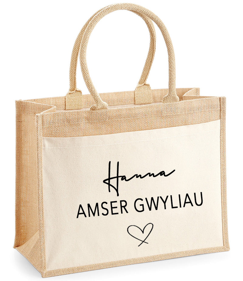 Personalised WELSH Jute bag with Name Amser gwyliau detail choose wording