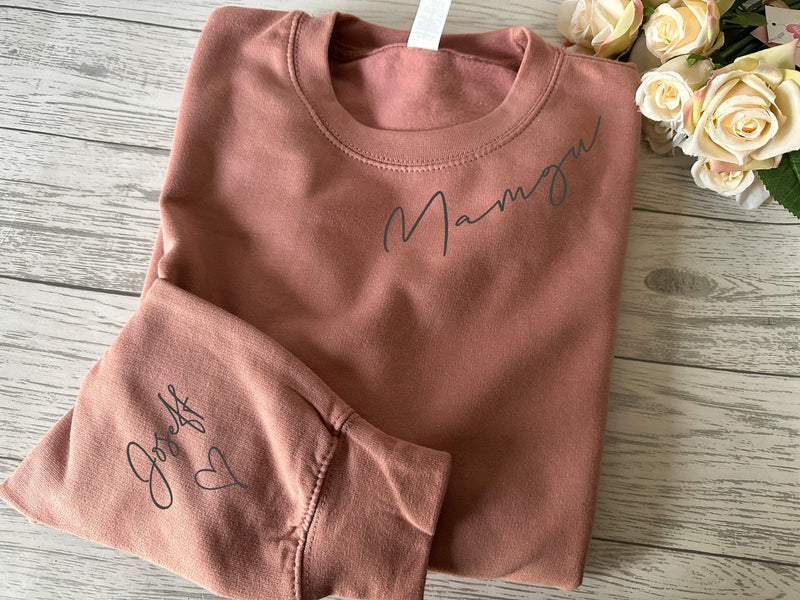 Personalised Unisex WELSH Dusky pink jumper Curved name on neck collar & kids on sleeve mam mami