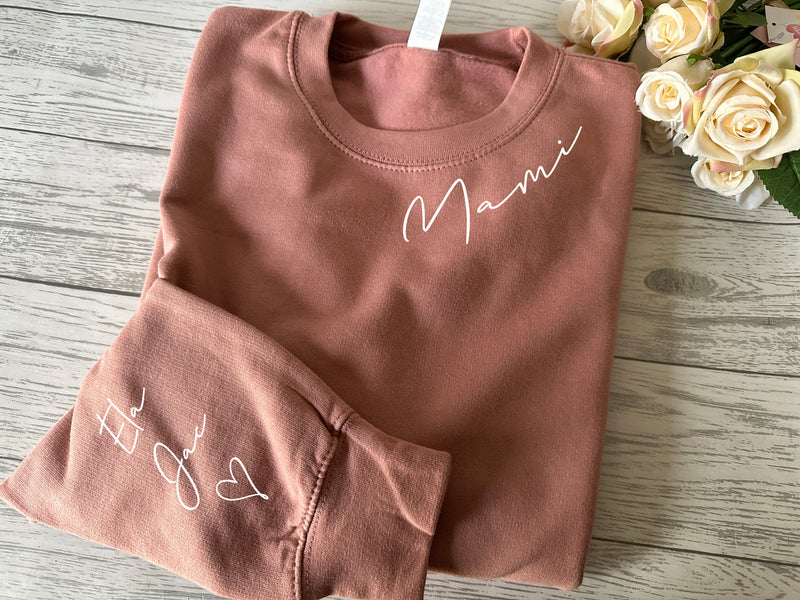 Personalised Unisex WELSH Dusky pink jumper Curved name on neck collar & kids on sleeve mam mami