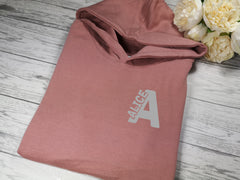 Personalised Kids DUSKY PINK hoodie with letter and name inside detail