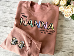 Personalised Unisex DUSKY PINK jumper Leopard split name Mam wears heart on sleeve mamgu mami