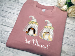 Custom Unisex DUKSY PINK jumper wedding with Bride or Groom gonks Just Married detail