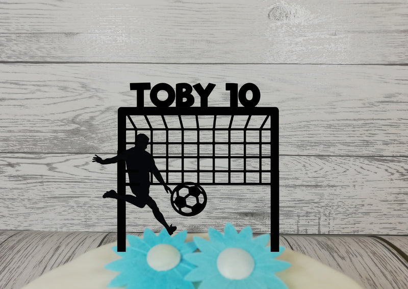 Personalised wooden glitter birthday cake topper Football goal soccer Any Name Age