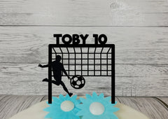 Personalised wooden glitter birthday cake topper Football goal soccer Any Name Age