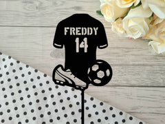 Personalised acrylic birthday football shirt ball and boots cake topper