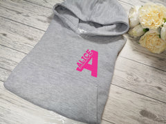 Personalised Kids HEATHER GREY hoodie with letter and name inside detail