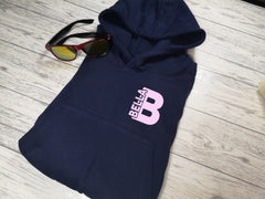 Personalised Kids Navy hoodie with letter and name inside detail for Boys and girls