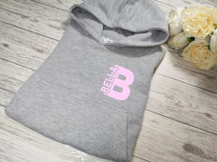 Personalised Kids HEATHER GREY hoodie with letter and name inside detail