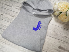 Personalised Kids HEATHER GREY hoodie with letter and name inside detail