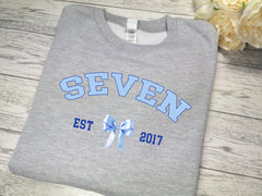 Personalised Kids / adults unisex Heather GREY welsh bow BIRTHDAY AGE year jumper