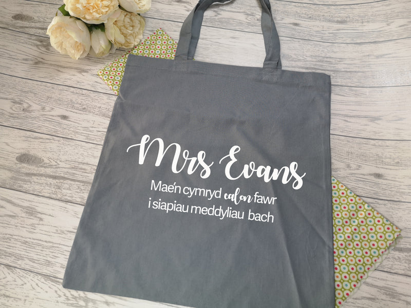 Personalised WELSH Tote bag with Teacher's Name calon fawr detail teacher gift
