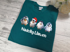 Custom Unisex WELSH JADE Christmas jumper Cute Penguins with Nadolig Llawen detail
