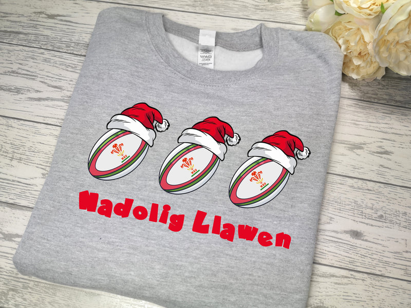 Custom Unisex KIDS/ADULT Heather GREY Christmas jumper WELSH rubgy ball baubles Nadolig llawen detail
