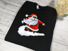 Custom Unisex BLACK Christmas jumper Santa surfing a cloud detail