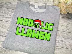 Custom Kids Heather grey Welsh Nadolig llawen  Christmas jumper gaming