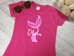 Personalised Kids Birthday Name Hot pink custom t-shirt with mermaid tail name detail