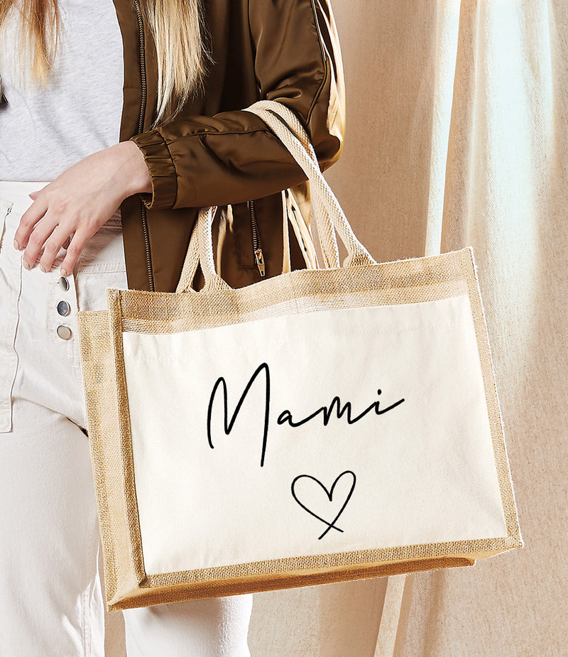 Personalised Jute bag with Mother's name HEART detail gift small or large