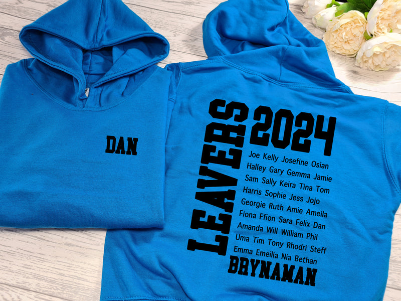 Personalised Kids/Adults LEAVERS hoodie with NAMES list SCHOOL and YEAR detail for Boys and girls