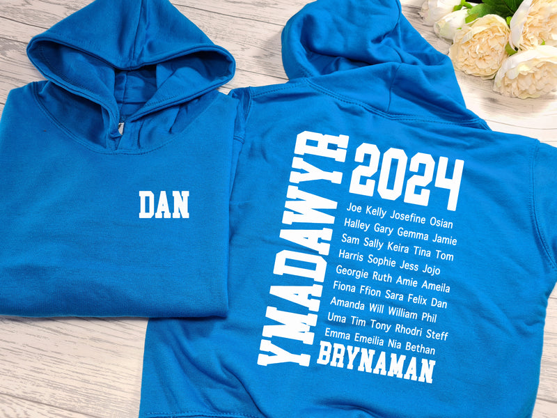 Personalised Kids/Adults welsh LEAVERS Ymadawyr hoodie with NAMES list SCHOOL and YEAR detail