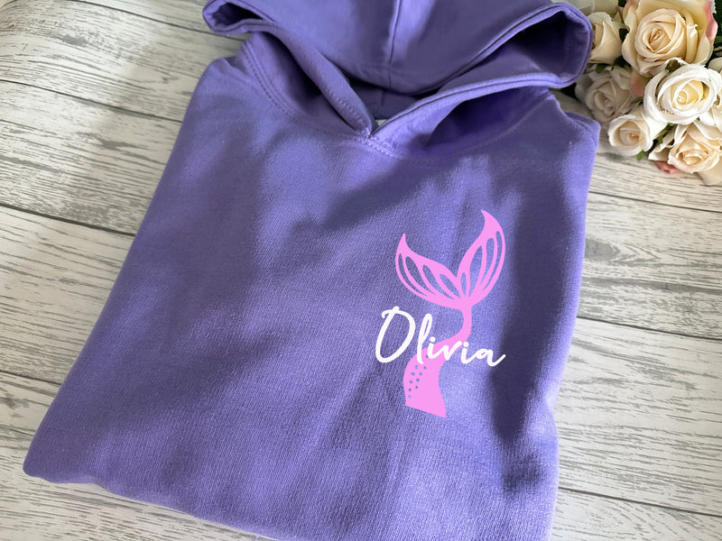 Personalised Kids LILAC hoodie with mermaid tail and name detail